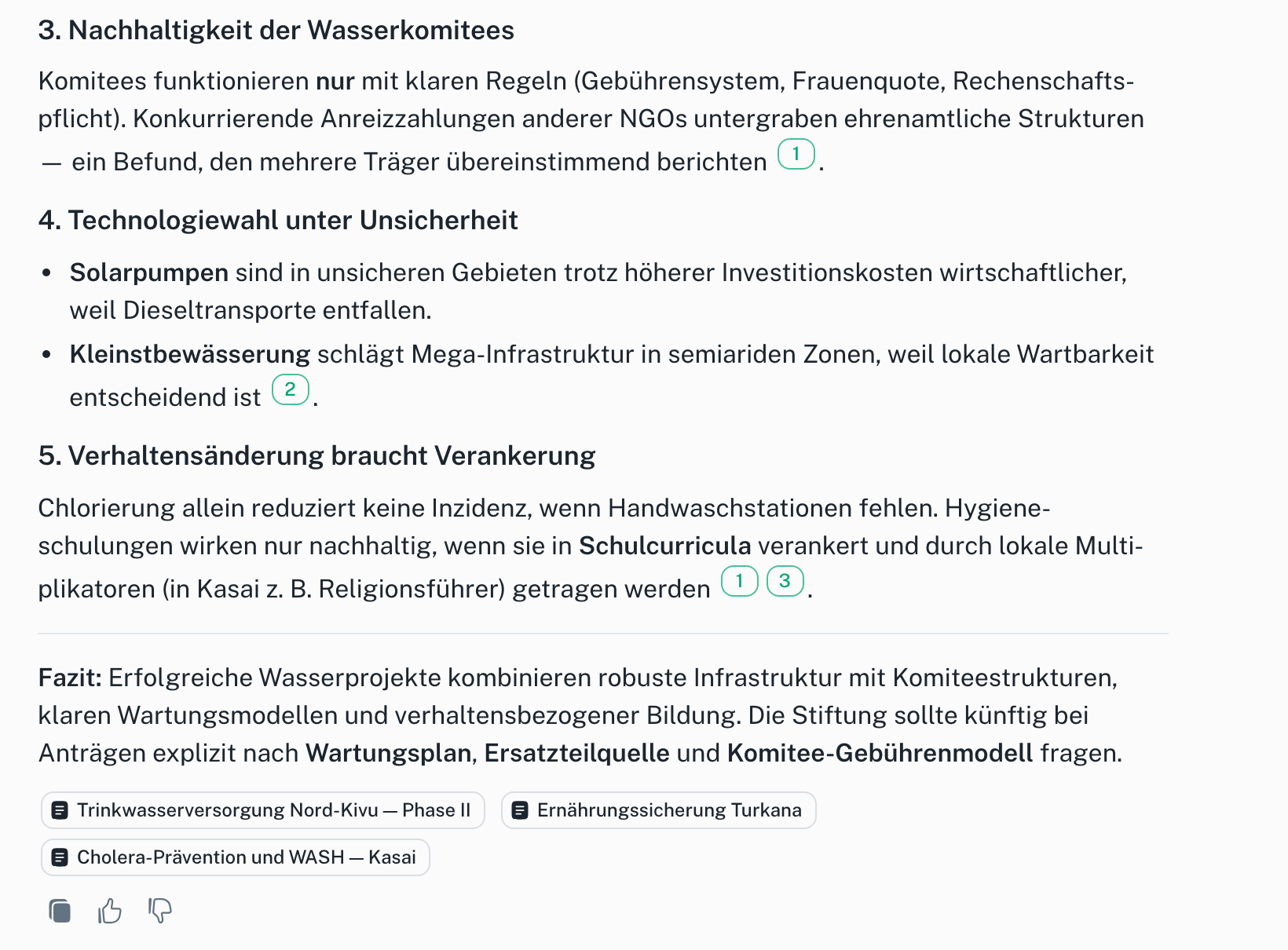 Antwort von Alvar Knowledge mit nummerierten Quellenangaben zu Herausforderungen bei Wasserprojekten